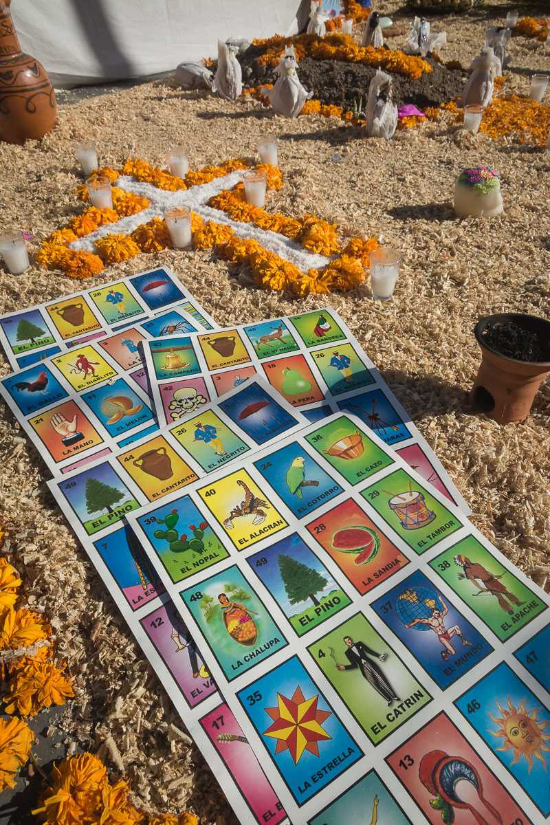 A set of lotería mexicana cards sits on the floor of an altar for the Day of the Dead in Ixtlahucán de los Membrillos, Jalisco, Mexico.