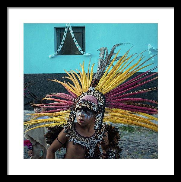 Framed fine art print of an Aztec dancer.