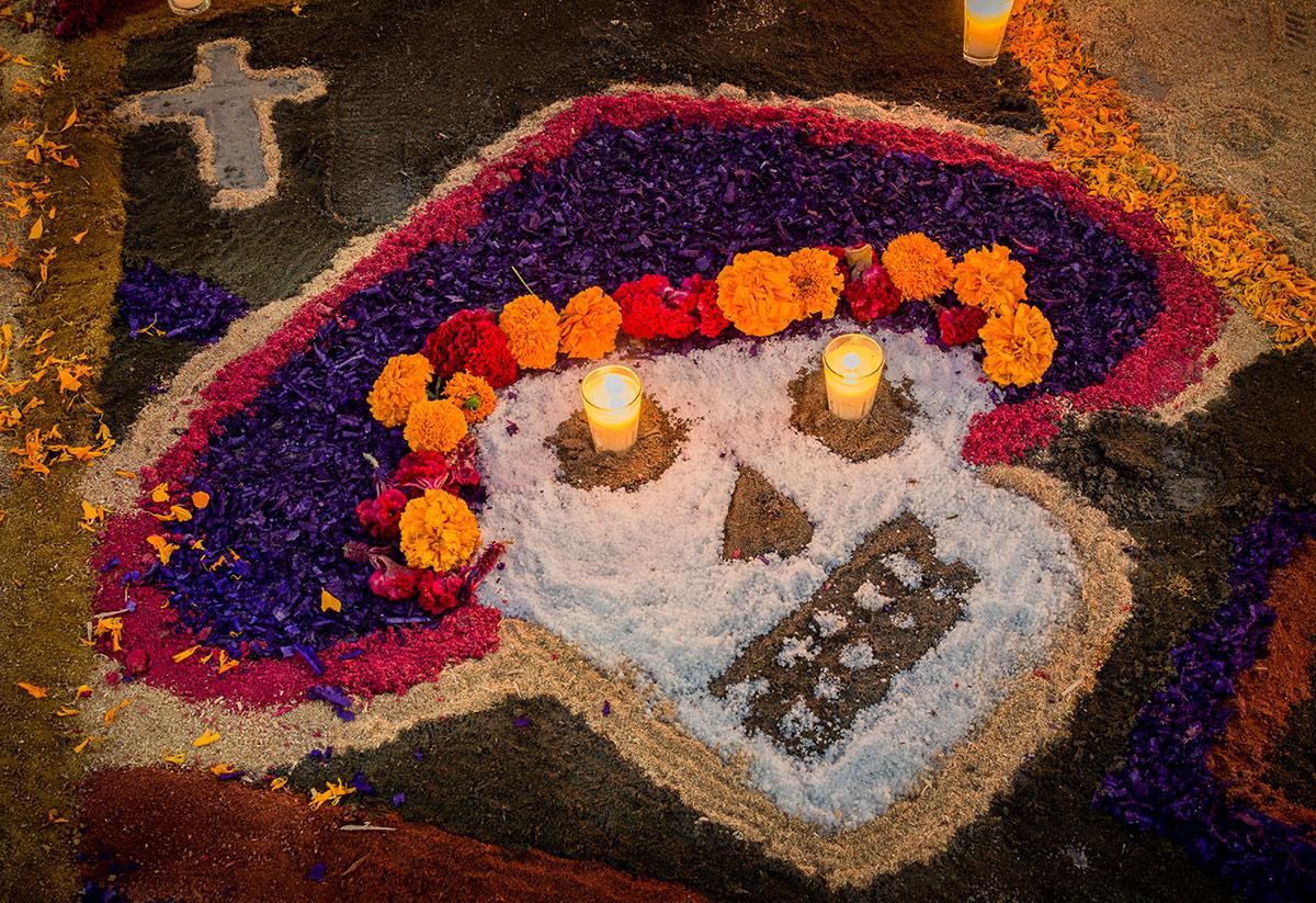 Catrina design made from sawdust and salt on the Day of the Dead in Chapala, Jalisco, Mexico.