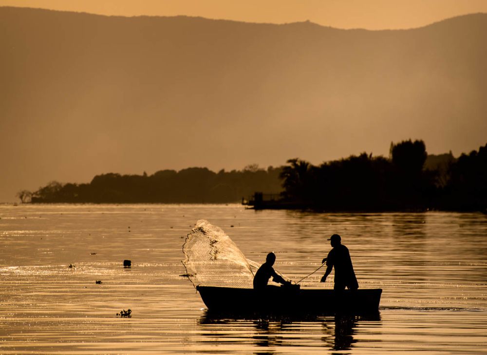 Men go net fishing during sunset on Lake Chapala in Ajijic, Mexico. Fish provide daily nutrition for some people living on the lake. Though the lake water is fairly polluted with farming and industrial runoff, recent testing has indicated that fish from the lake are safe enough to eat.