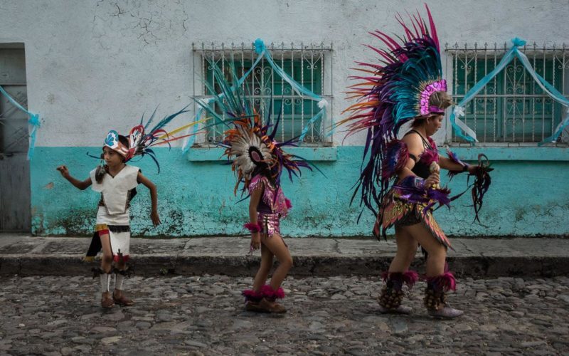 Aztec dancers during the Fiesta for Our Lady of the Rosary in Ajijic, Jalisco, Mexico.