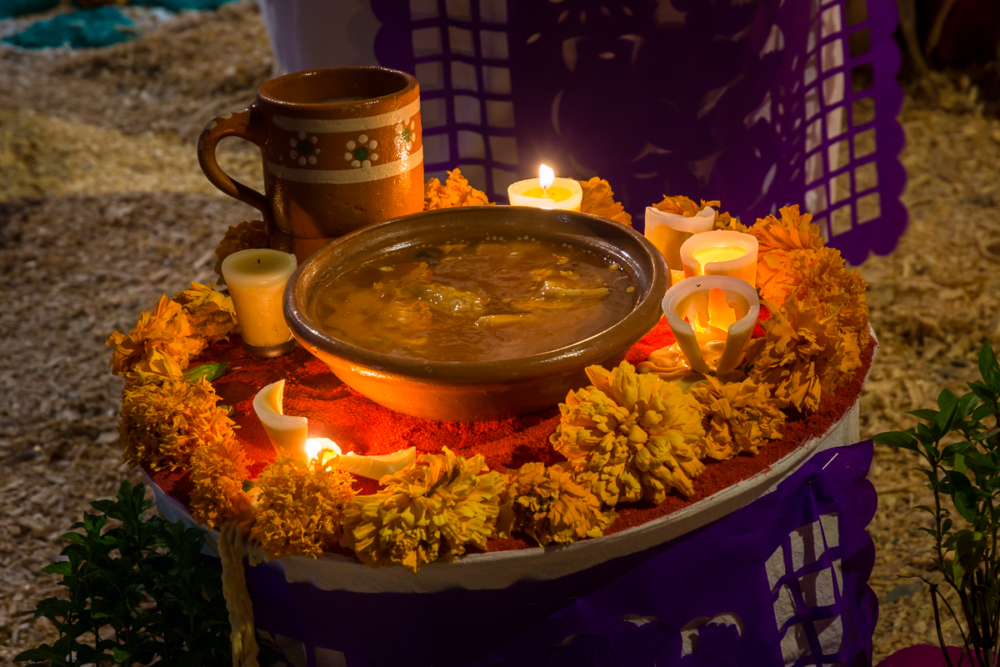 Offering of a bowl of soup left on a Day of the Dead altar in Chapala, Jalisco.