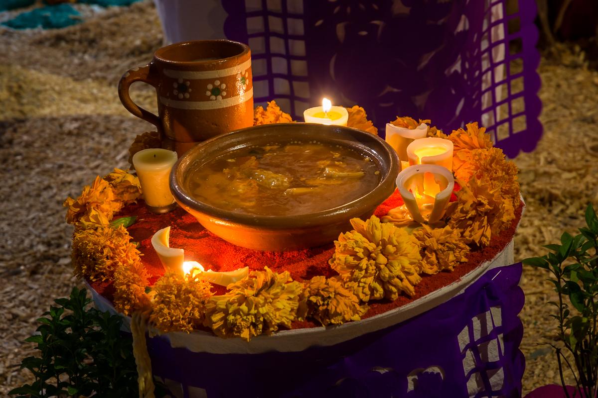 Bowl of soup left as an offering on an altar in Ixtlahuacán de los Membrillos.