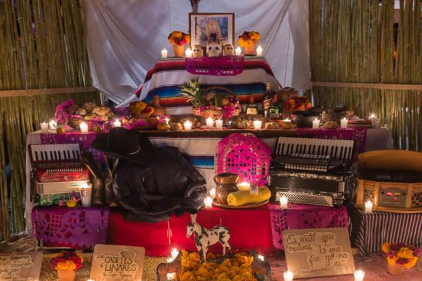 An altar for Lupe Tijerina of Los Cadetes de los Linares, a famous Mexican band formed in 1960.