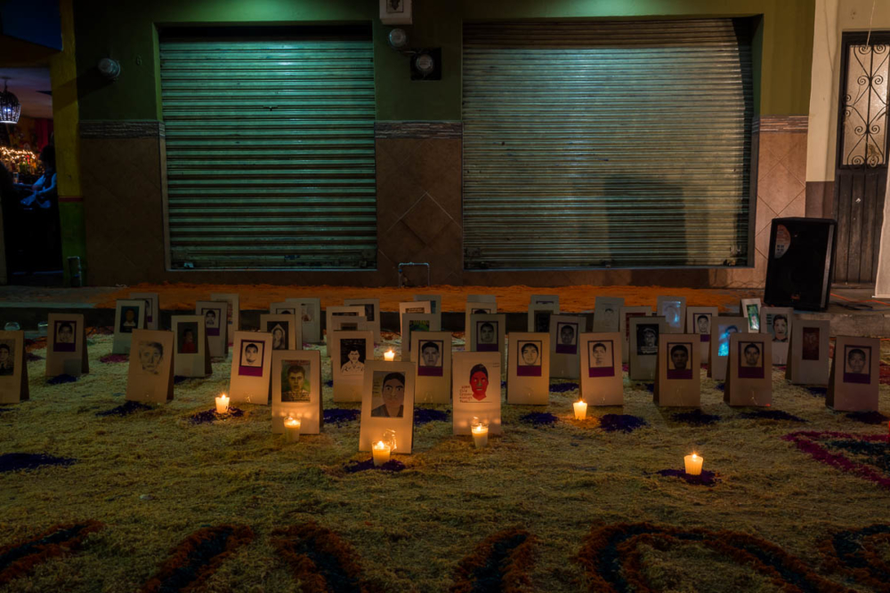 An altar for the 43 presumably murdered students from the Ayotzinapa Rural Teachers' College who went missing in 2014.