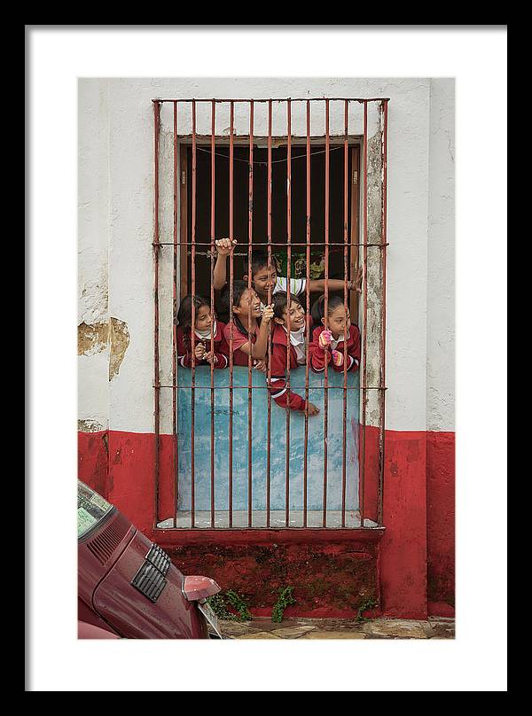Framed fine art print of kids at a school window