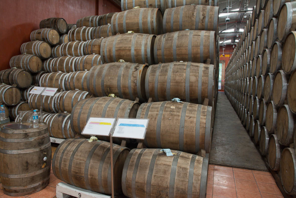 The tequila is aged in oak barrels at Tequila Cazadores in Arrandas, Jalisco, Mexico.