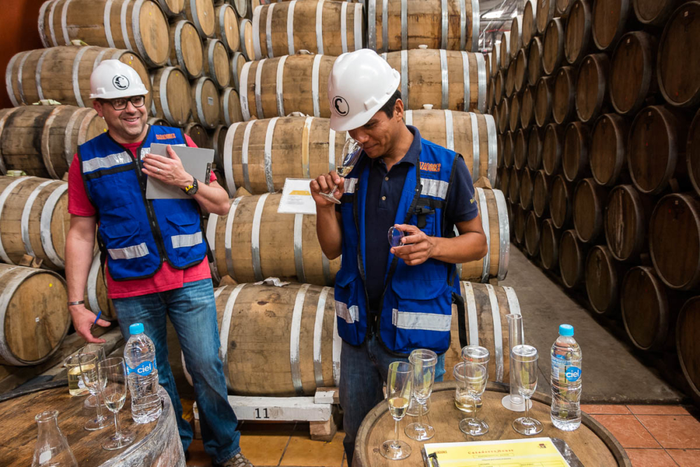 Jesús Reza and Robert Sarstedt create a blend of tequila together at Tequila Cazadores in Arandas, Jalisco, Mexico.