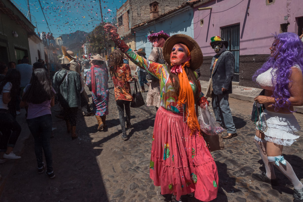 Zayacos throwing confetti on Carnaval in Ajijic, Mexico.