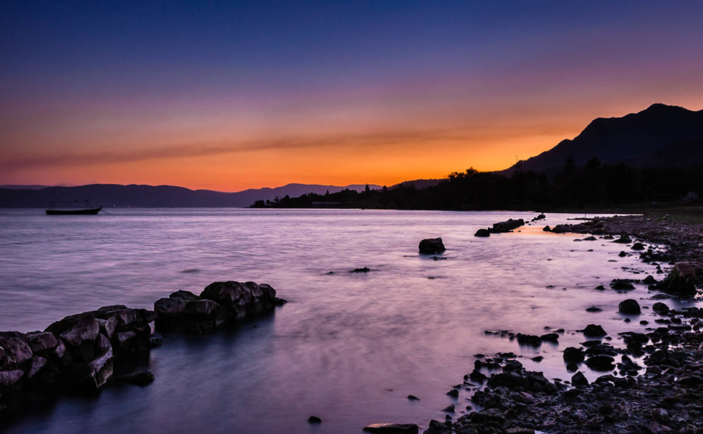 Dramatic purple colors during a sunset at Lake Chapala, Mexico.