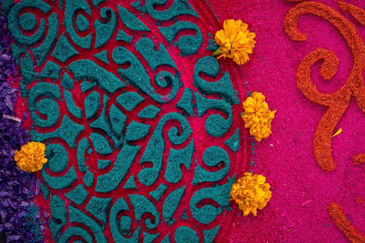 Molds are sometimes used to create the intricate sawdust carpet designs.
