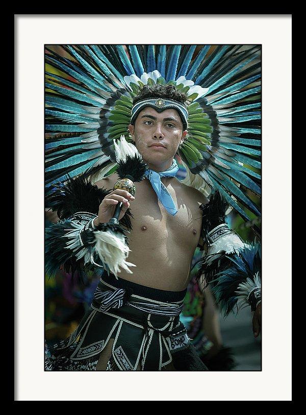 Framed fine art photo print of an Aztec dancer with a blue headdress in Chapala, Mexico