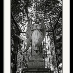 Framed fine art photography print of a graveyard angel in cage, Mexico