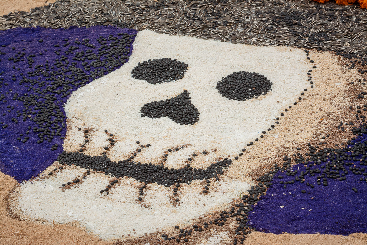The famous catrina calavera image recreated as a tapete using sawdust, black beans and sunflower seeds.